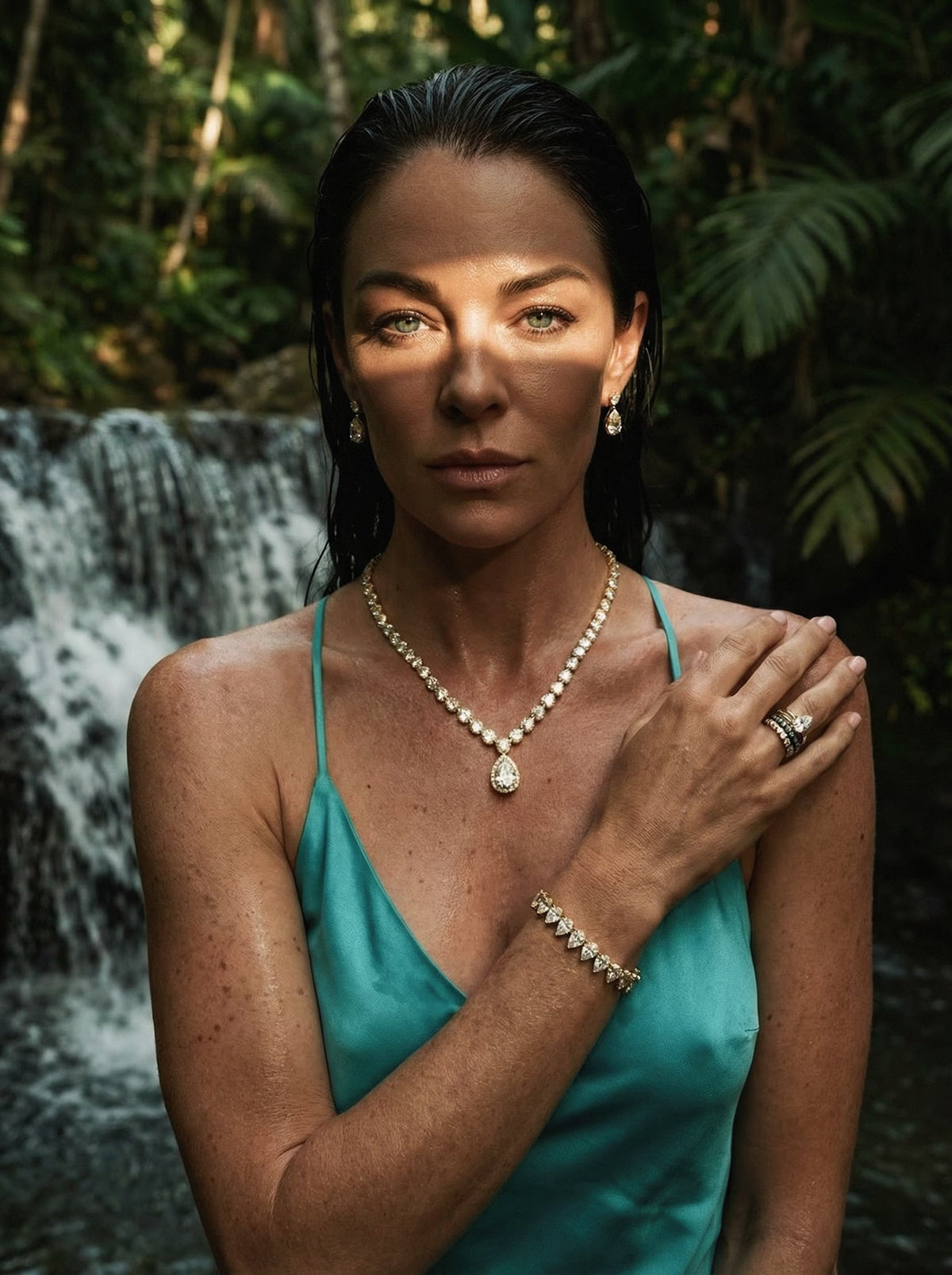 Regan Hillyer wearing lab grown diamond jewellery, near a waterfall.