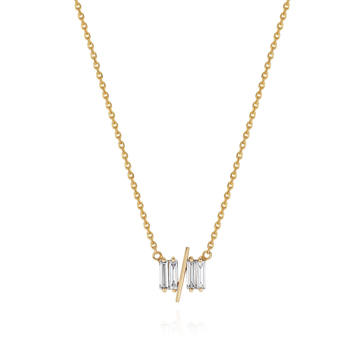 11/11 necklace in yellow gold – featuring a thin yellow gold chain, 4 long thin diamonds, with a thin diagonal gold bar, to look like the ‘11/11’ symbol.