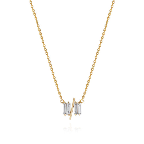 11/11 necklace in yellow gold – featuring a thin yellow gold chain, 4 long thin diamonds, with a thin diagonal gold bar, to look like the ‘11/11’ symbol.