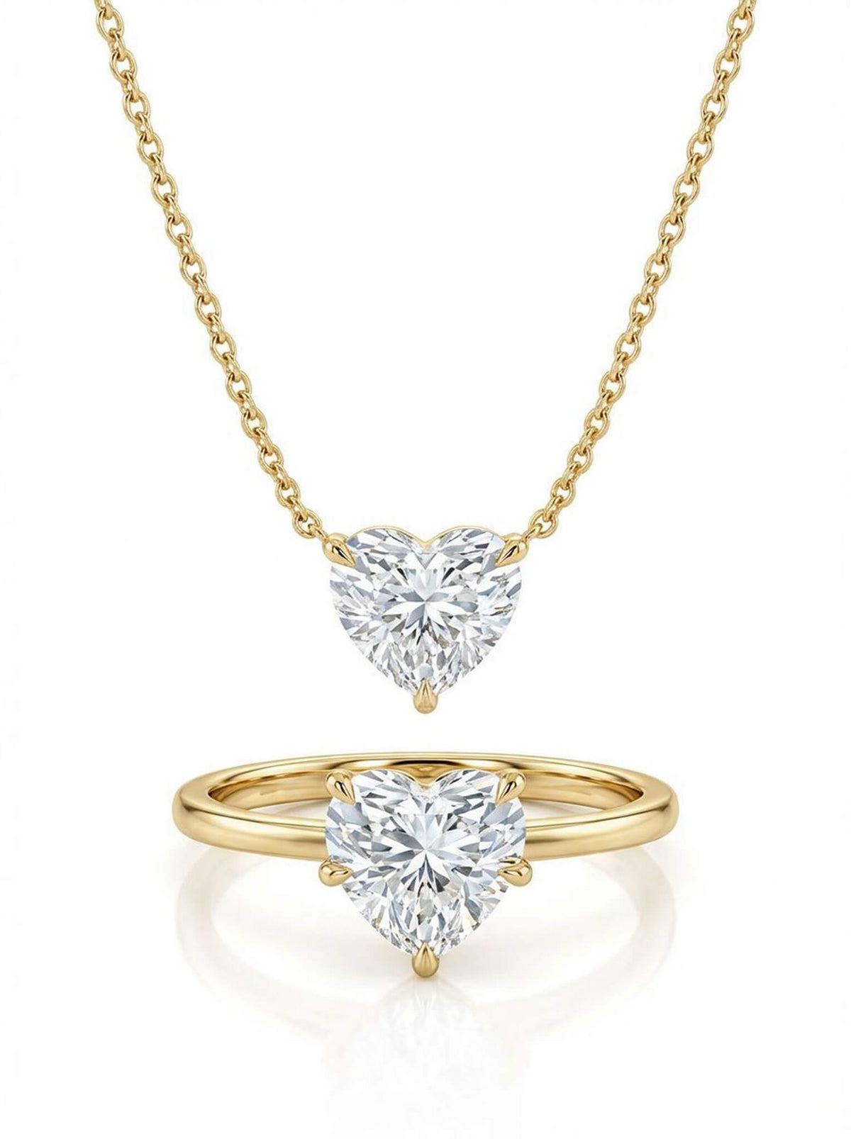 Heart-shaped diamond ring and necklace on a white background