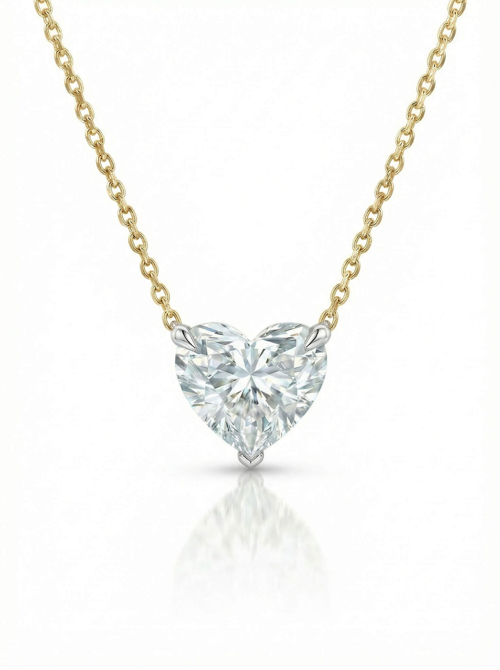 Heart-shaped diamond pendant on a gold chain against a white background