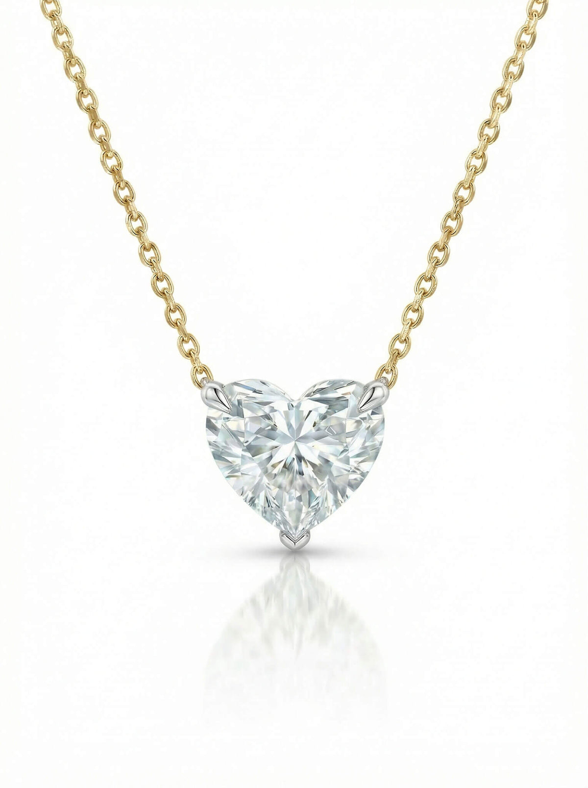 Heart-shaped diamond pendant on a gold chain against a white background