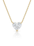 Heart-shaped diamond pendant on a gold chain against a white background