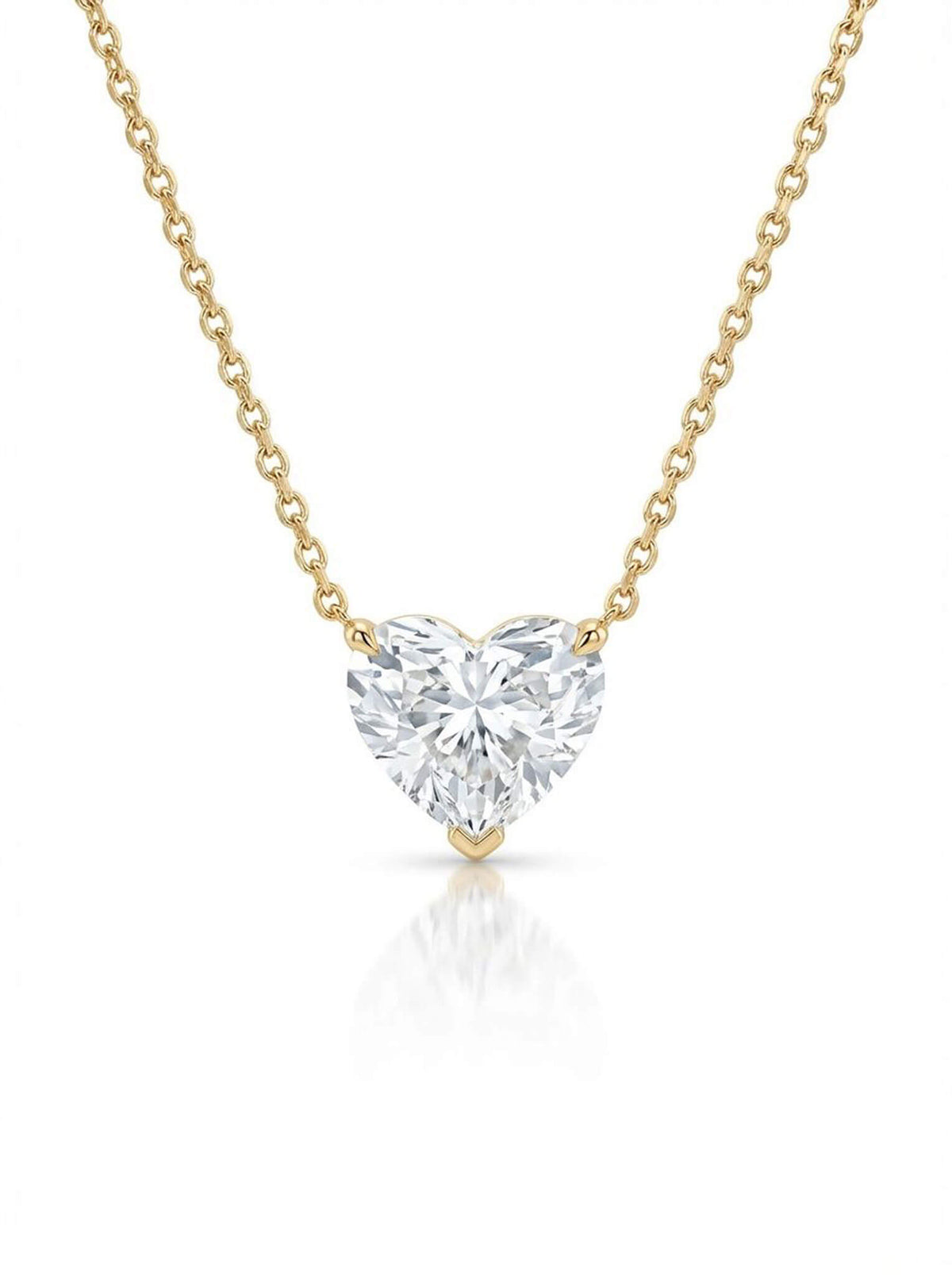Heart-shaped diamond pendant on a gold chain against a white background