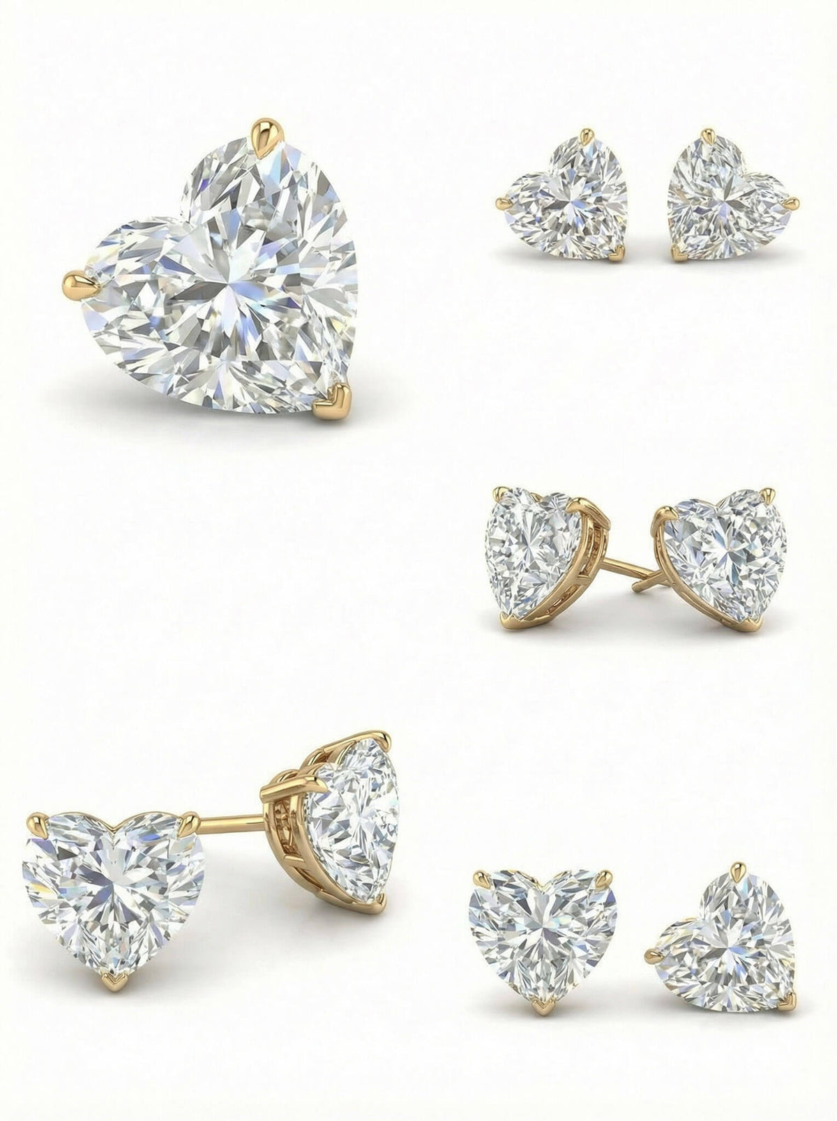 Heart-shaped diamond earrings with gold settings on a white background