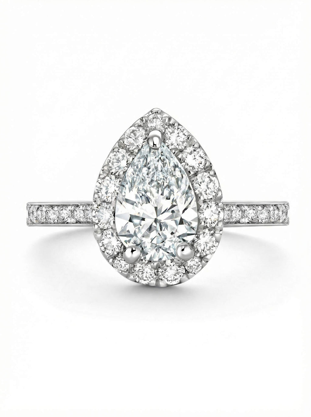 Diamond ring with a pear-shaped center stone on a white background