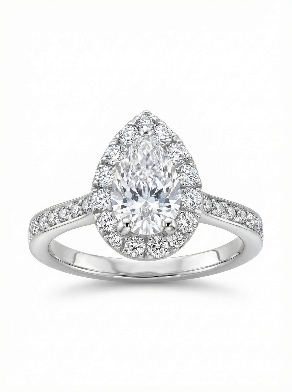 Diamond ring with pear-shaped center stone on a white background