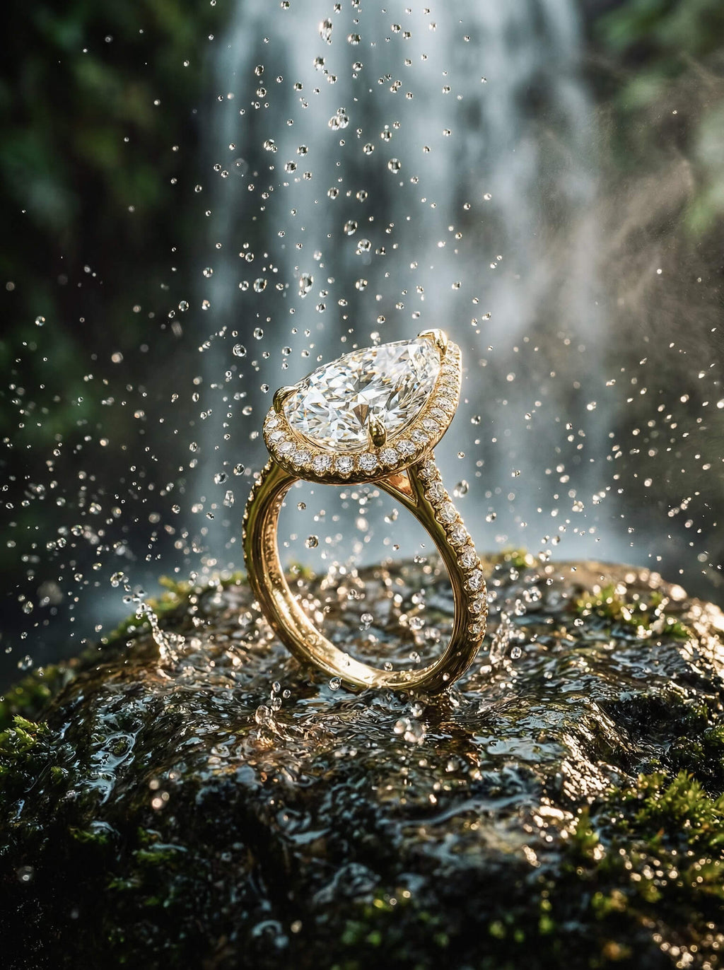 Gold ring with a diamond on a rock with water and waterfall in the background